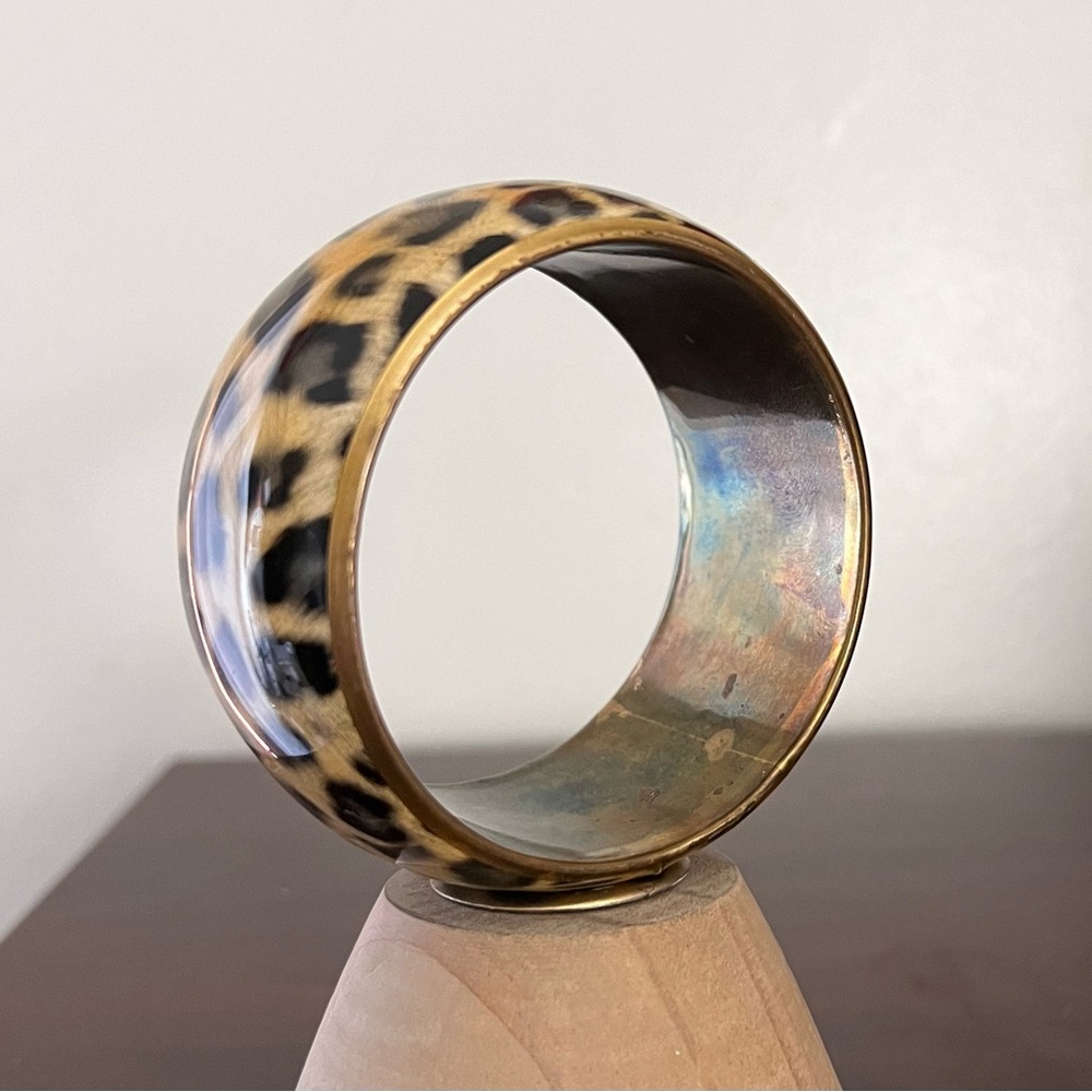 Vintage Enamel Leopard Print On Brass Bangle